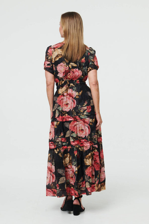 Pink | Floral Tiered Short Sleeve Maxi Dress