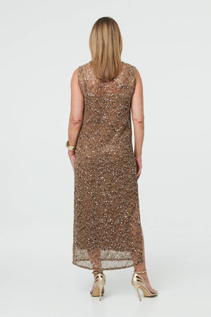 Brown | Sparkly Layered Sleeveless Midi Dress