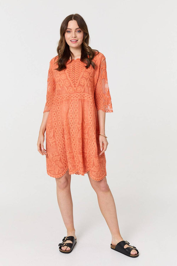 Orange | Lace Mesh Textured 1/2 Sleeve Mini Dress

