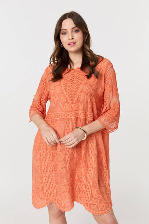 Orange | Lace Mesh Textured 1/2 Sleeve Mini Dress
