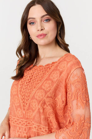 Orange | Lace Mesh Textured 1/2 Sleeve Mini Dress
