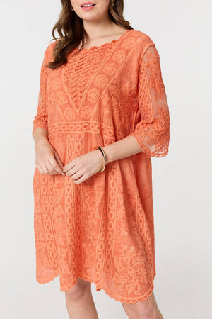 Orange | Lace Mesh Textured 1/2 Sleeve Mini Dress
