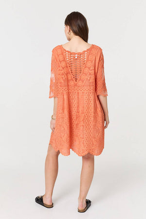 Orange | Lace Mesh Textured 1/2 Sleeve Mini Dress
