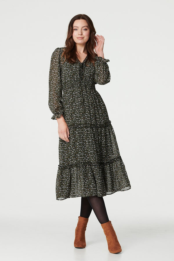 Black | Floral Tie Front Tiered Midi Dress : Model is 5'9"/175 cm and wears UK8/EU36/US4/AUS8