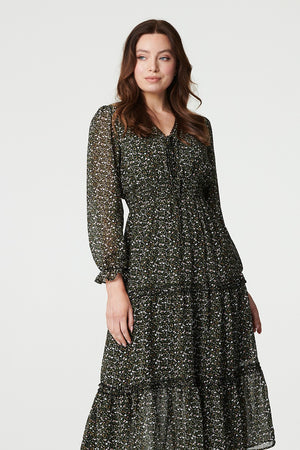 Black | Floral Tie Front Tiered Midi Dress