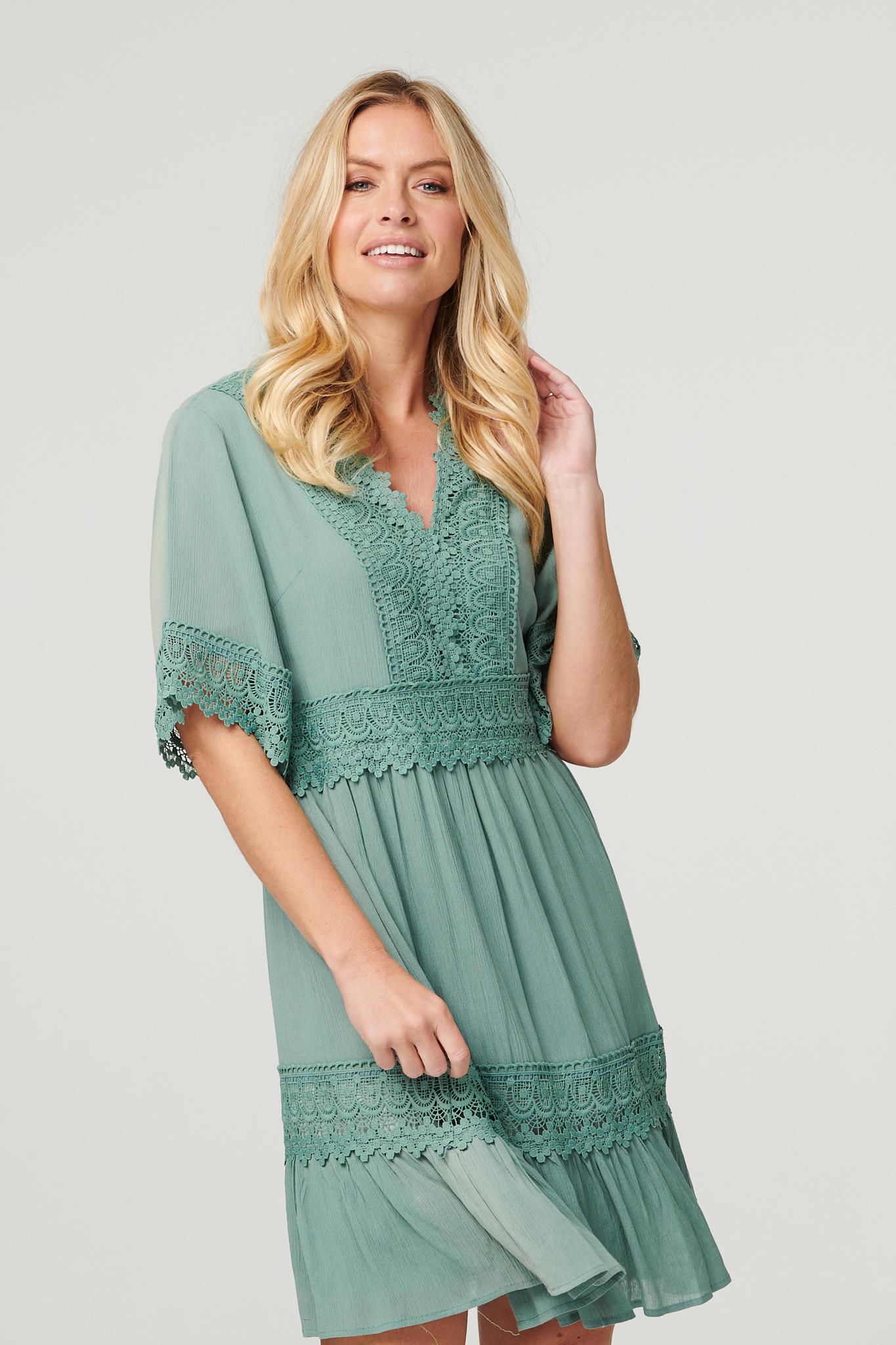 Khaki | Lace Detail 1/2 Sleeve Short Dress