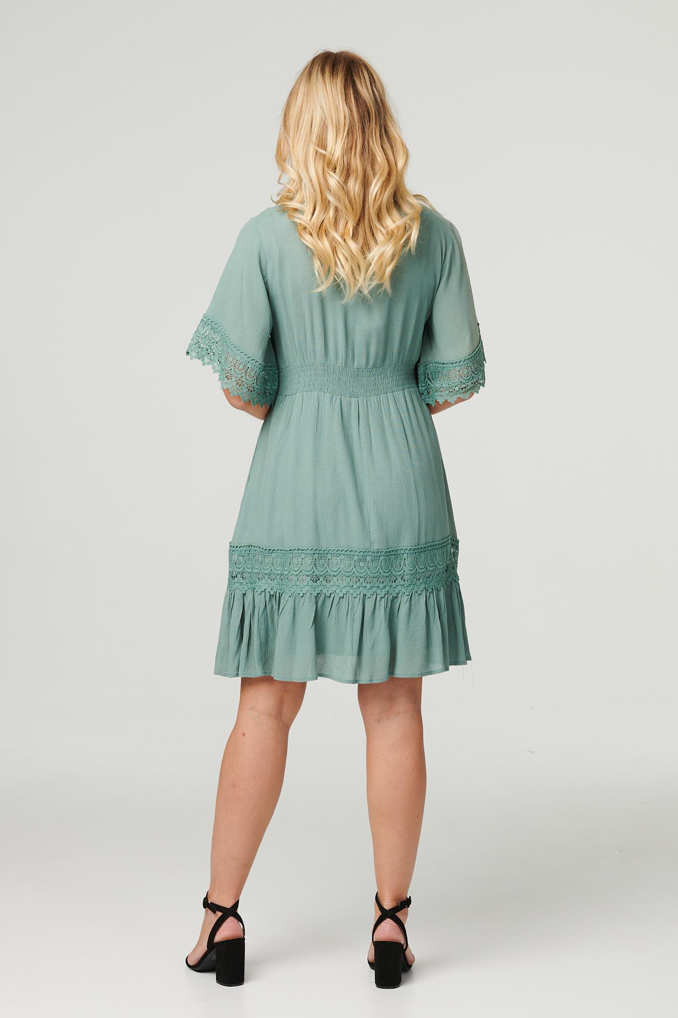 Khaki | Lace Detail 1/2 Sleeve Short Dress
