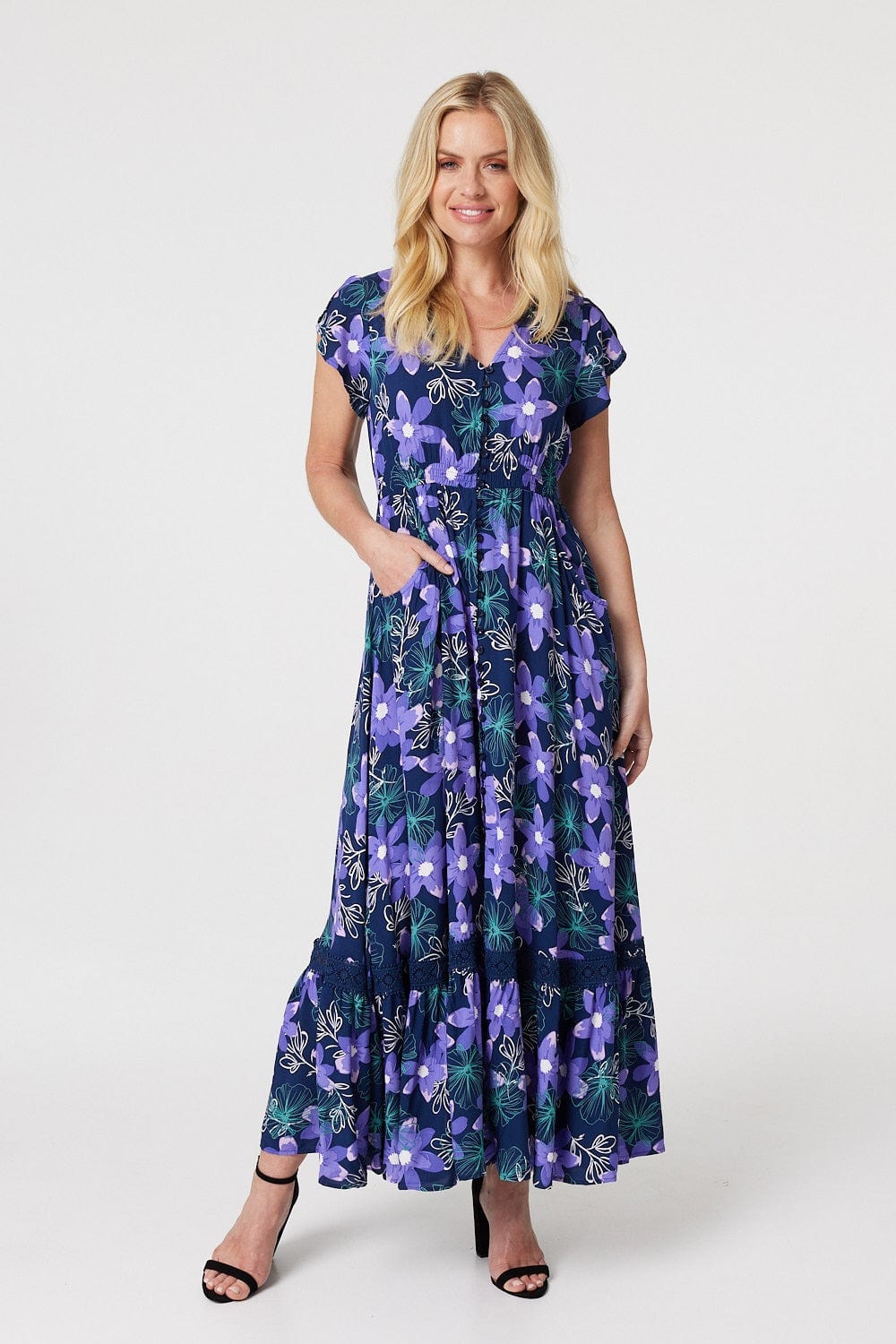 Navy | Floral Button Detail Maxi Dress