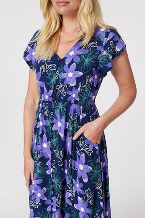 Navy | Floral Button Detail Maxi Dress