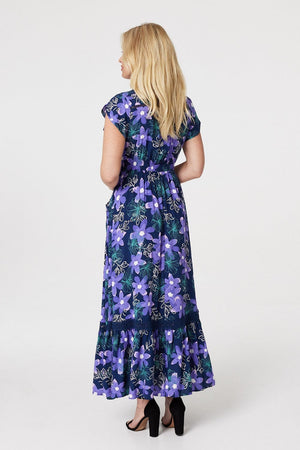 Navy | Floral Button Detail Maxi Dress