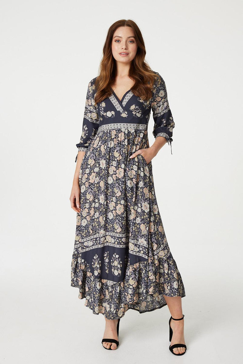 Grey | Floral Empire A-Line Maxi Dress