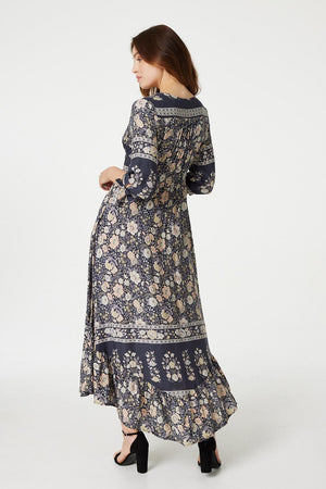 Grey | Floral Empire A-Line Maxi Dress