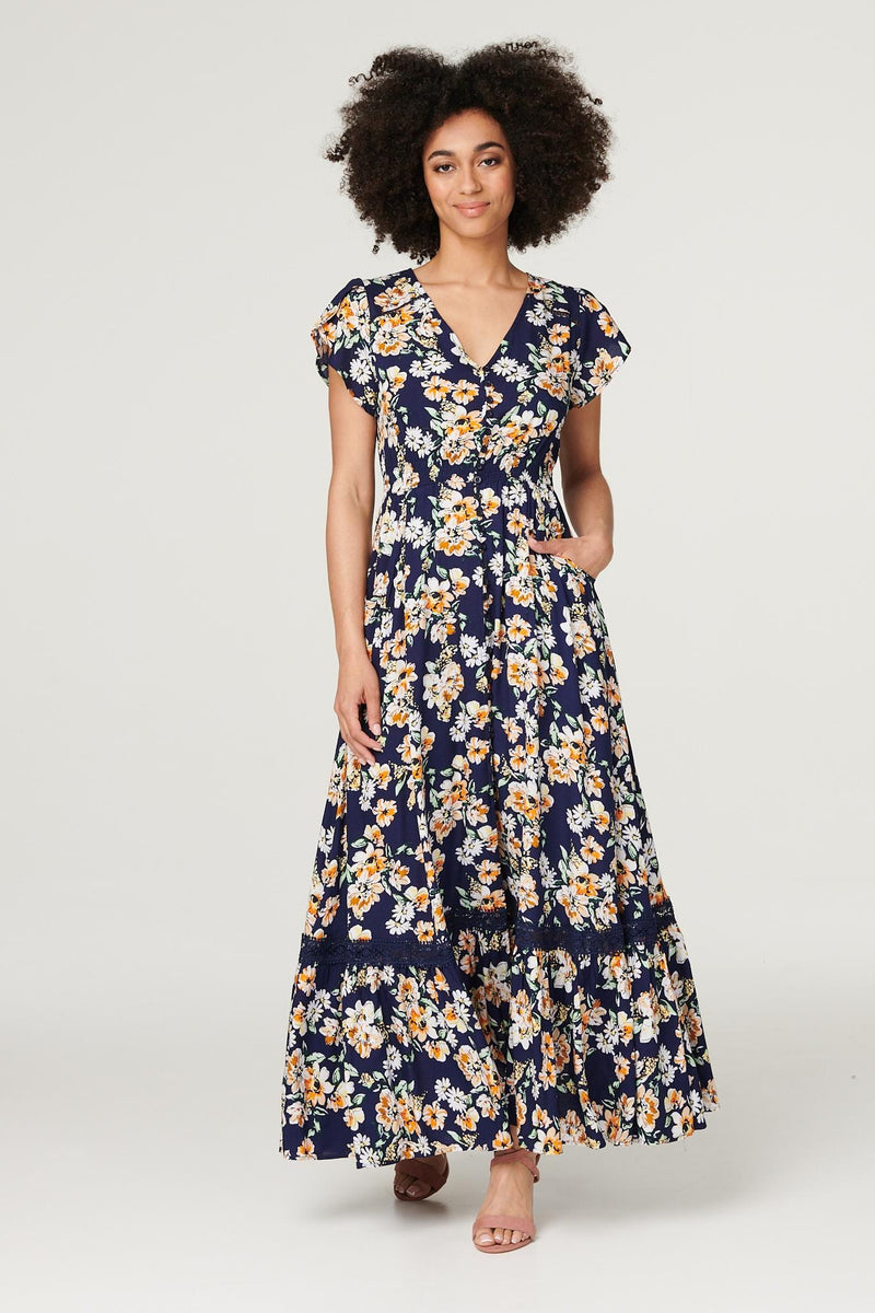Navy | Floral Frill Sleeve Maxi Dress