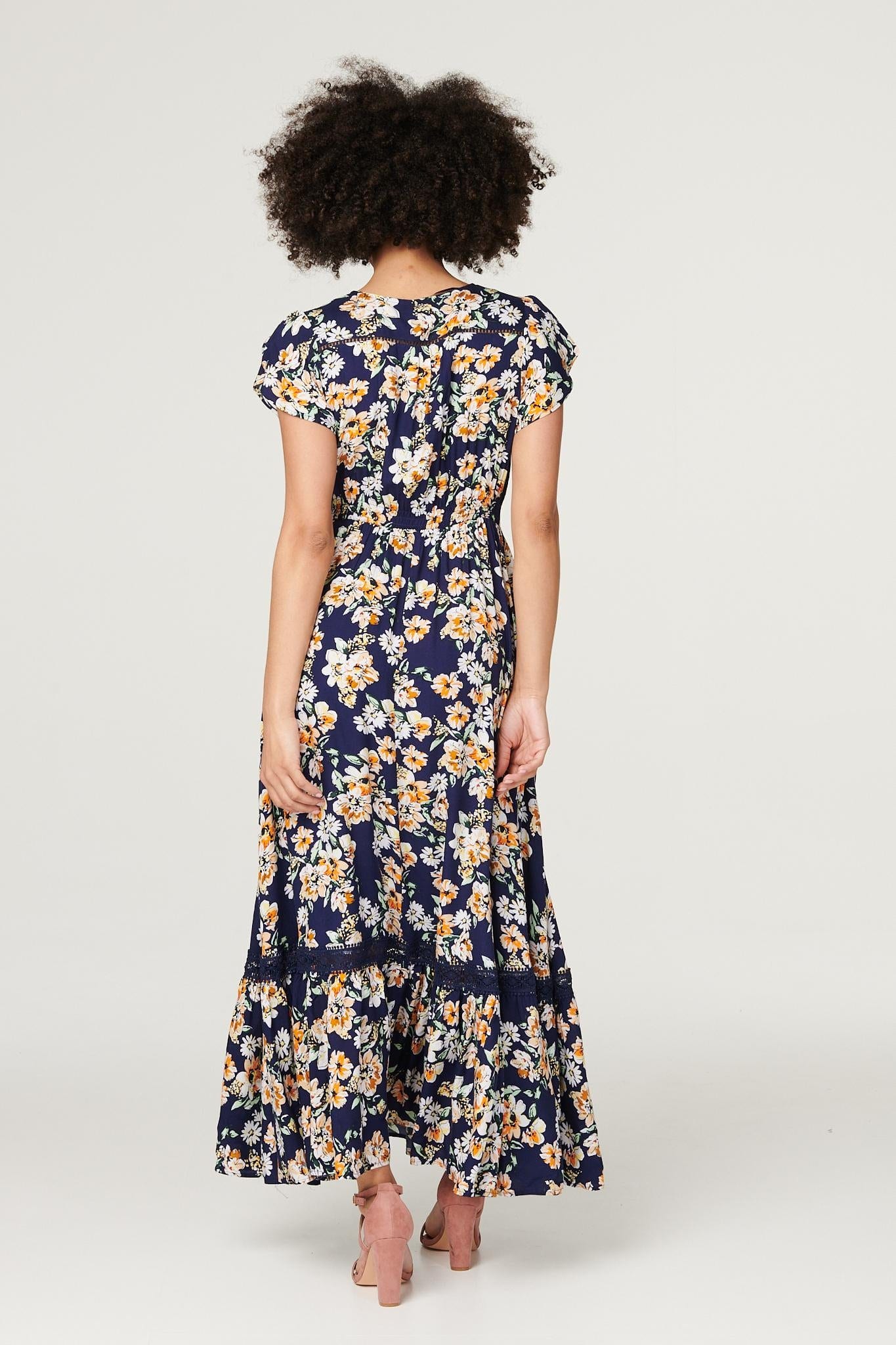 Navy | Floral Frill Sleeve Maxi Dress