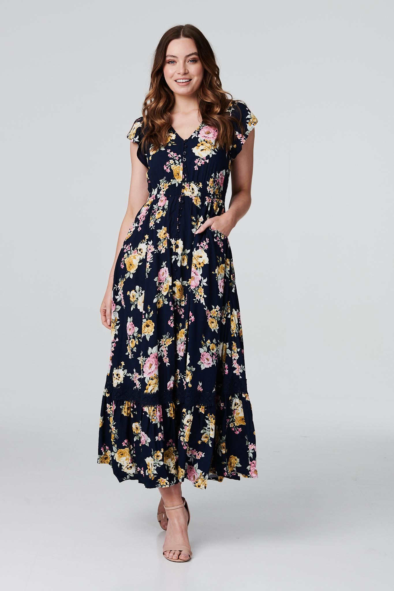 Navy | Vintage Rose Lace Trim Maxi Dress