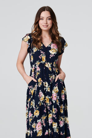 Navy | Vintage Rose Lace Trim Maxi Dress