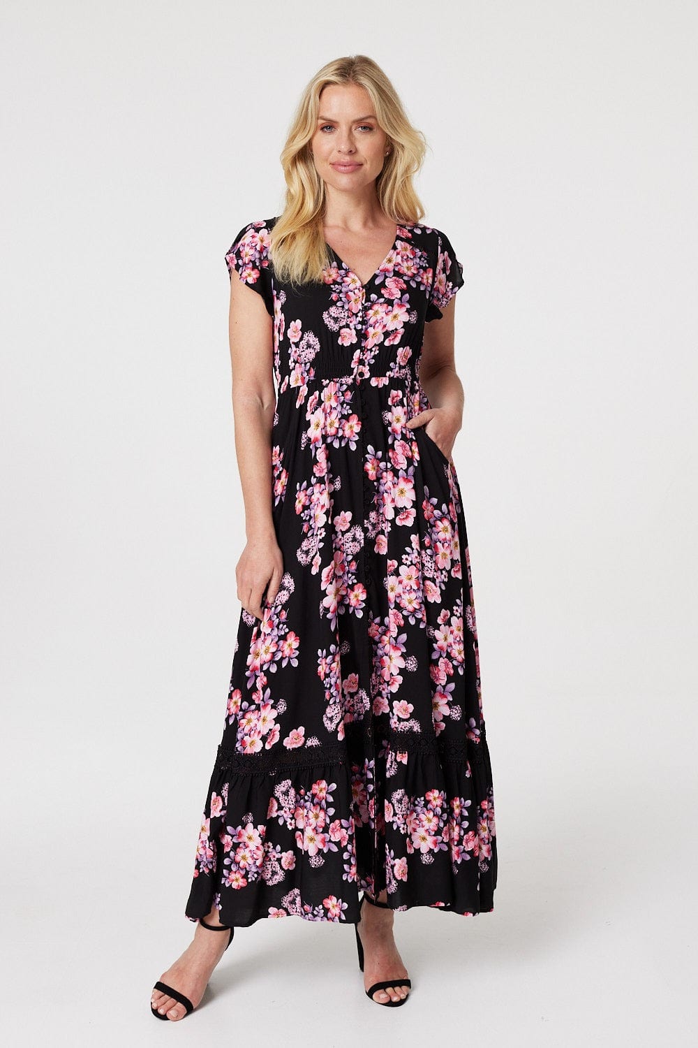 Black | Floral Lace Trimmed Maxi Dress