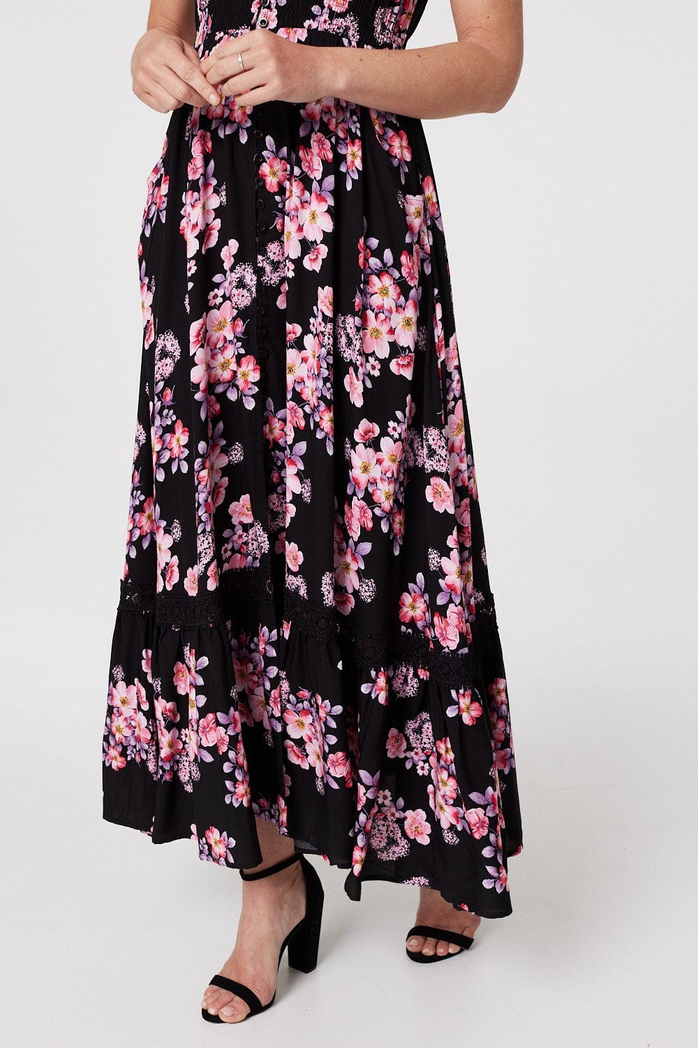 Black | Floral Lace Trimmed Maxi Dress