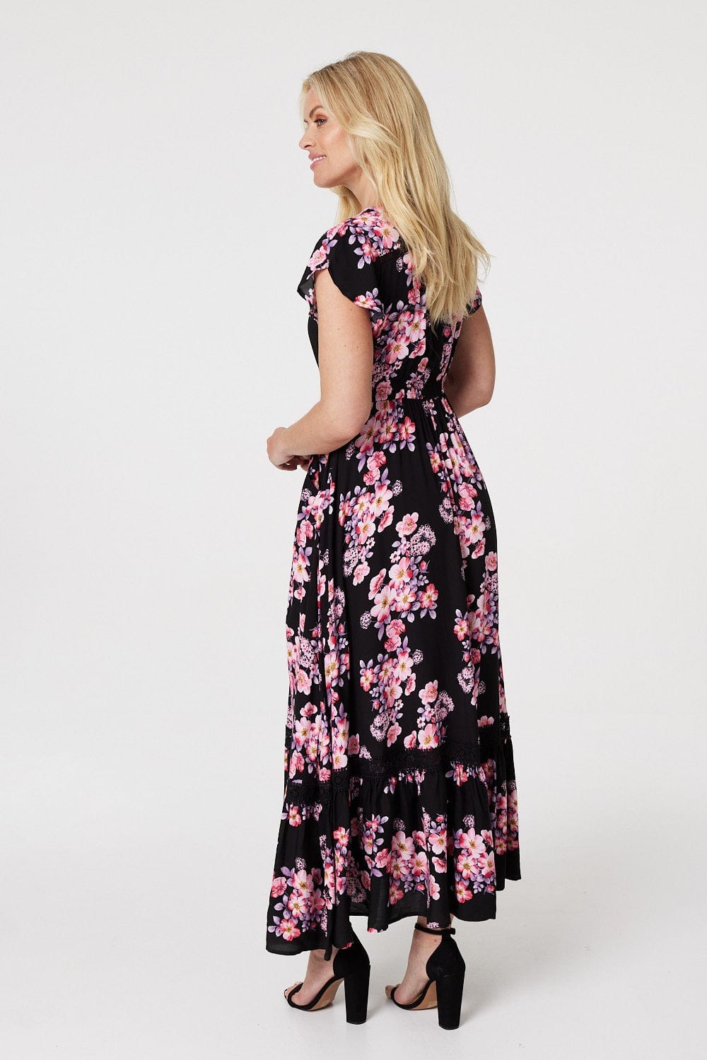 Black | Floral Lace Trimmed Maxi Dress