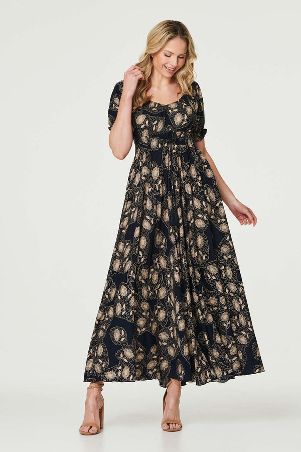 Navy | Printed Shirred Waist Maxi Dress