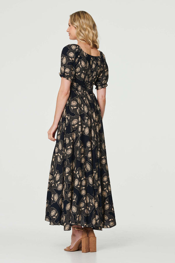 Navy | Printed Shirred Waist Maxi Dress