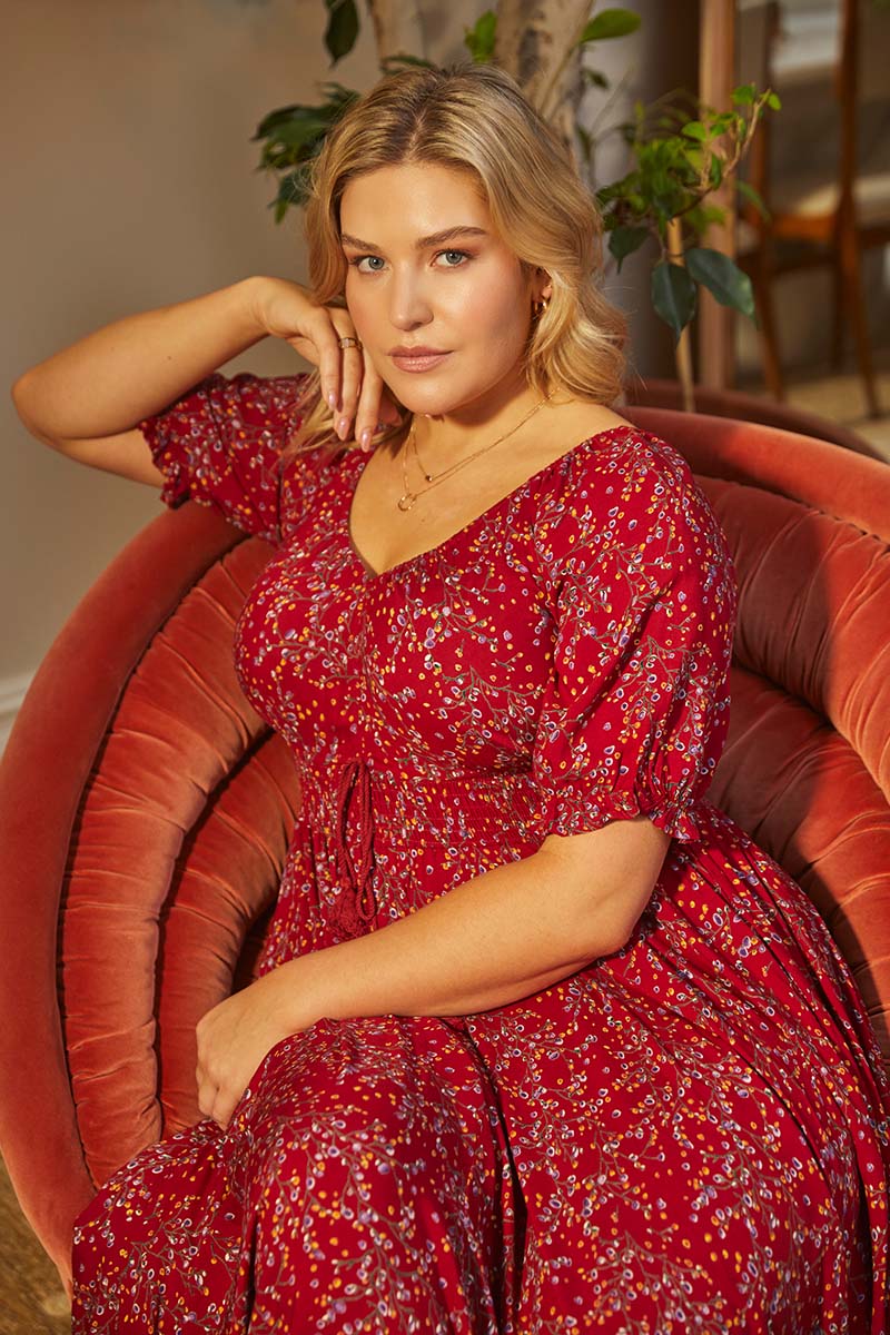 Red | Floral Smocked Waist Maxi Dress