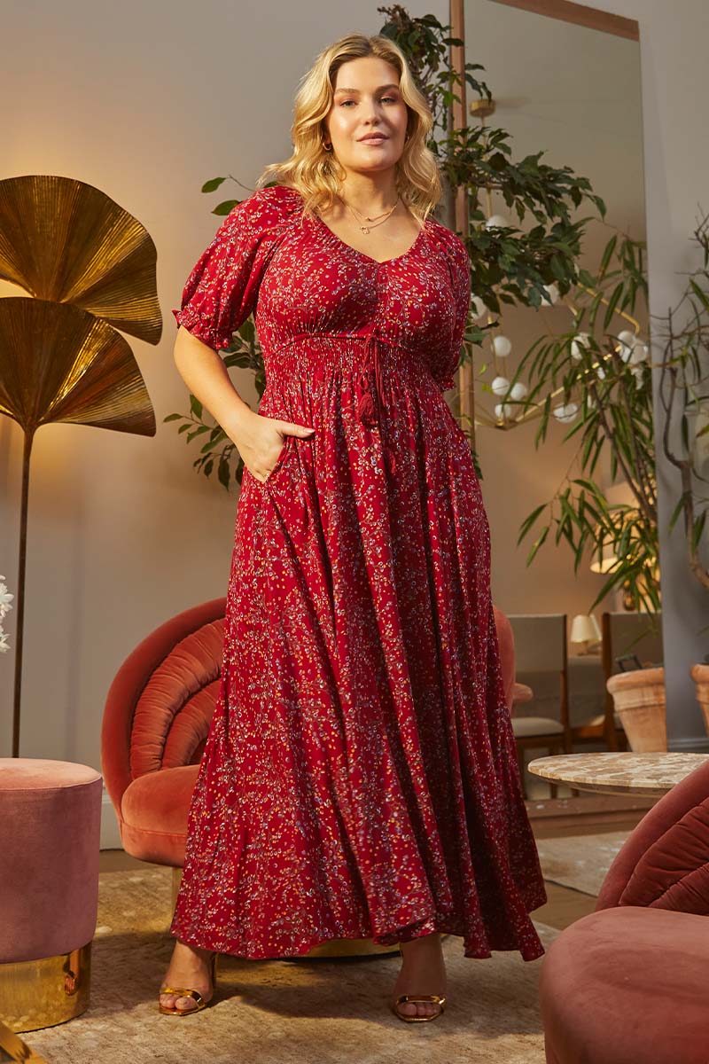 Red | Floral Smocked Waist Maxi Dress