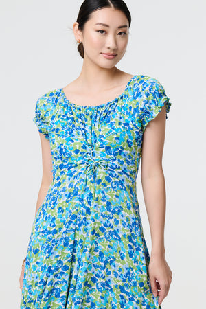 Blue | Ditsy Floral Bardot Smock Midi Dress
