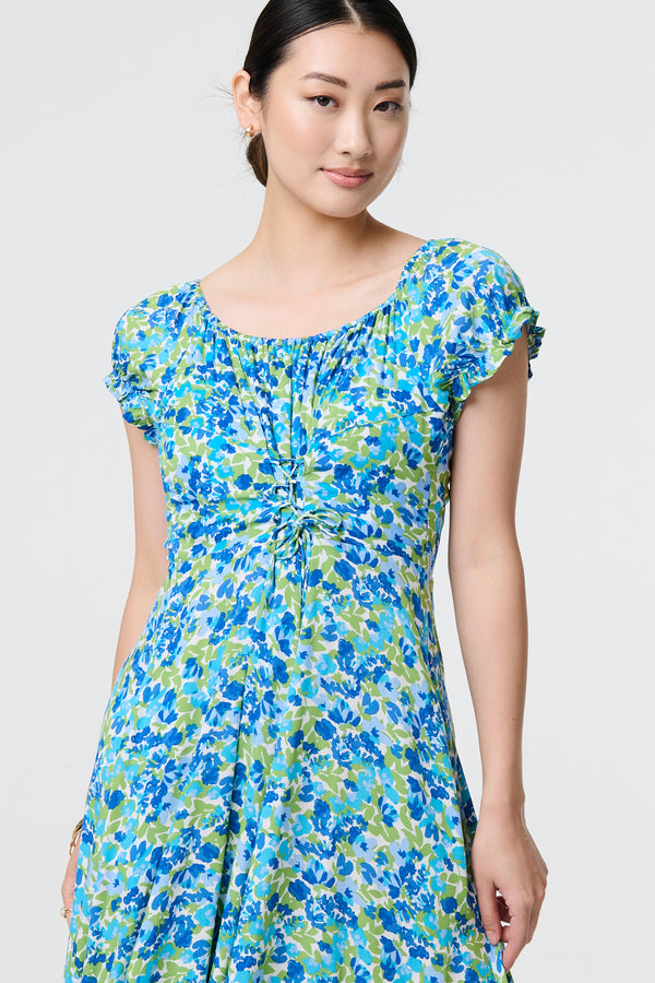 Blue | Ditsy Floral Bardot Smock Midi Dress
