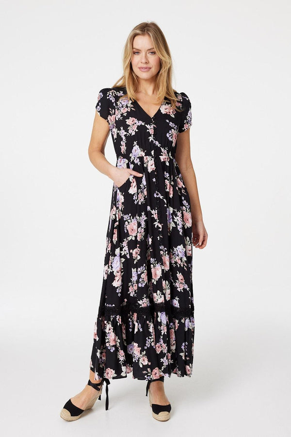 Black | Floral Lace Trim Maxi Dress