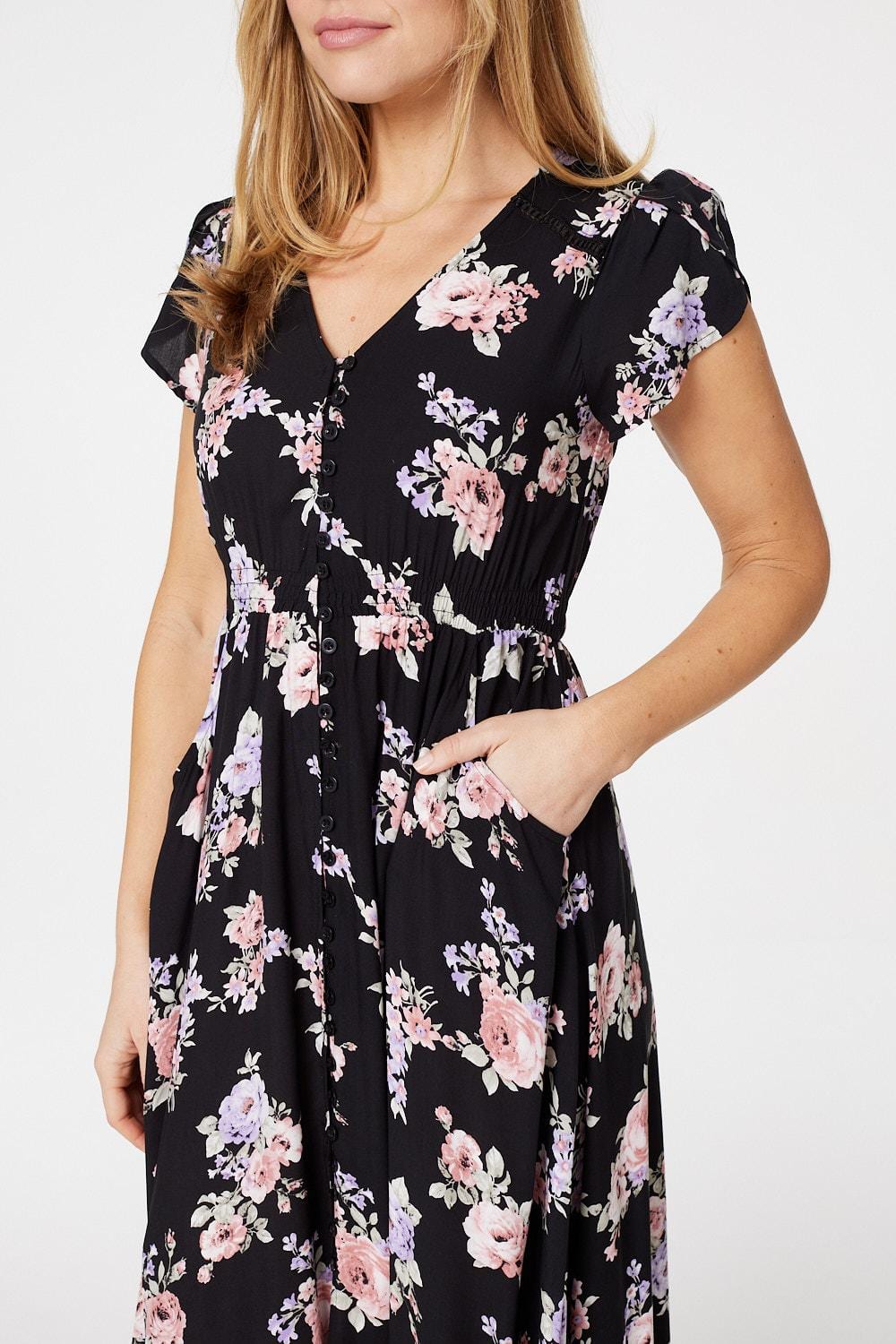 Black | Floral Lace Trim Maxi Dress