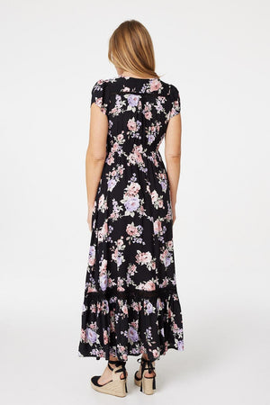 Black | Floral Lace Trim Maxi Dress
