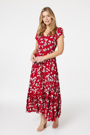 Red | Floral Button Down Maxi Dress