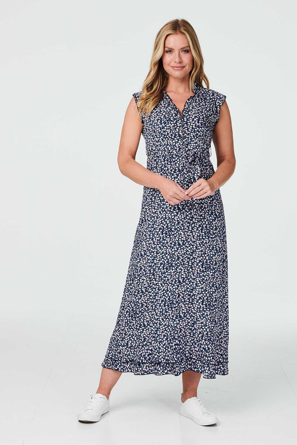 Navy | Ditsy Floral Frill Hem Maxi Dress : Model is 5'10"/178 cm and wears UK8/EU36/US4/AUS8