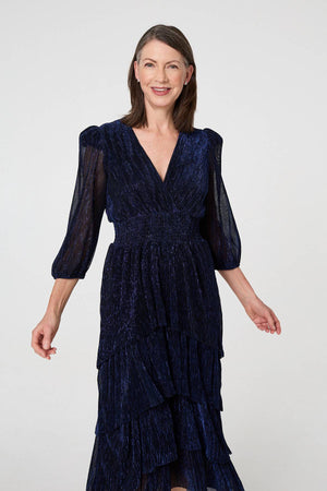 Navy | Sparkly Semi Sheer Texture Maxi Dress
