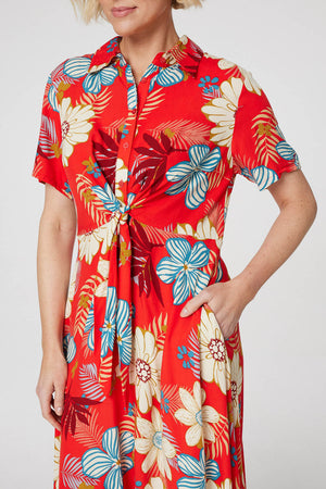 Coral | Tropical Knot Front Shirt Dress