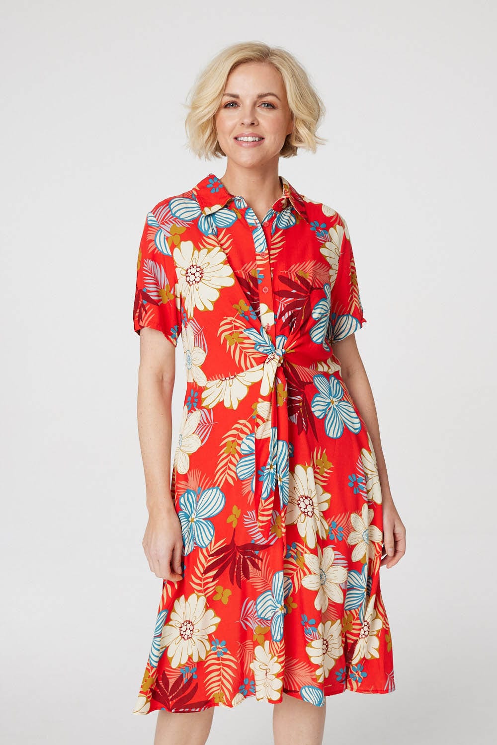 Coral | Tropical Knot Front Shirt Dress