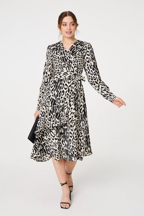 Black | Animal Print Ruffled Midi Wrap Dress
