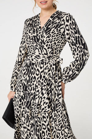 Black | Animal Print Ruffled Midi Wrap Dress
