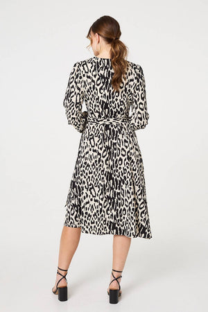Black | Animal Print Ruffled Midi Wrap Dress
