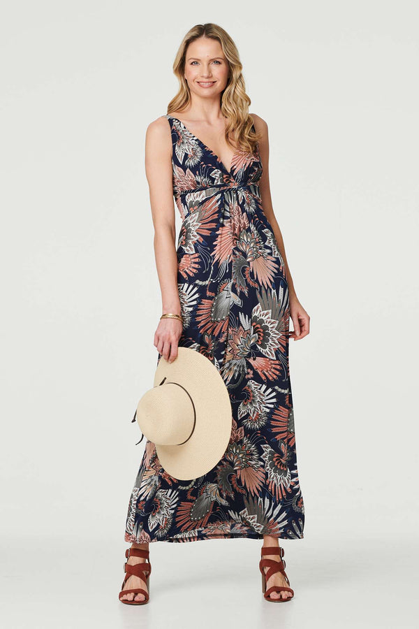 Navy | Printed Sleeveless Maxi Sun Dress