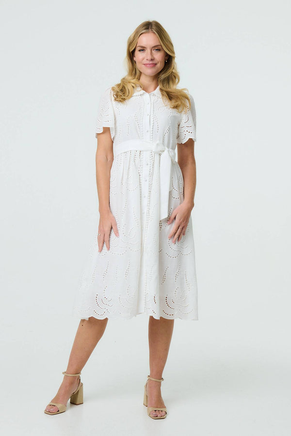 White | Broderie Anglaise Short Sleeve Midi Dress
