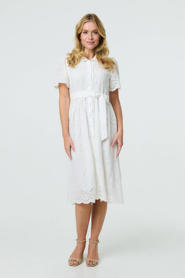 White | Broderie Anglaise Short Sleeve Midi Dress
