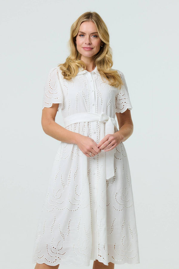 White | Broderie Anglaise Short Sleeve Midi Dress
