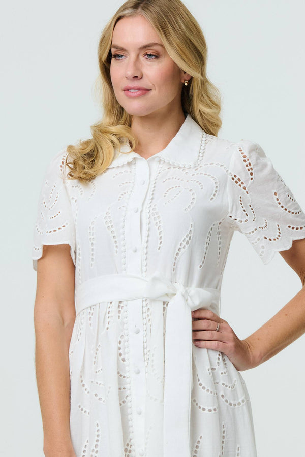 White | Broderie Anglaise Short Sleeve Midi Dress
