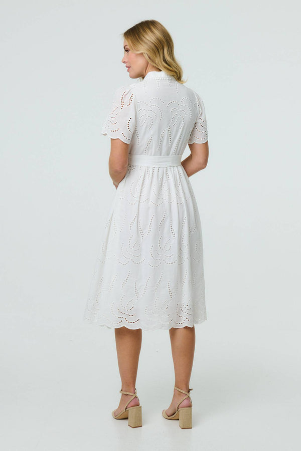White | Broderie Anglaise Short Sleeve Midi Dress
