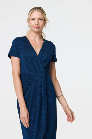 Blue | Sparkly Ruched Short Sleeve Midi Dress
