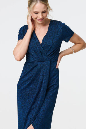 Blue | Sparkly Ruched Short Sleeve Midi Dress
