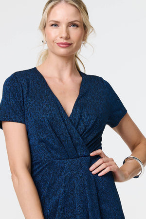 Blue | Sparkly Ruched Short Sleeve Midi Dress
