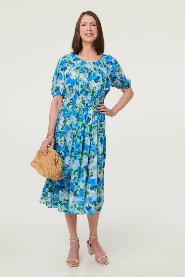 Blue | Floral Shirred Puff Sleeve Midi Dress